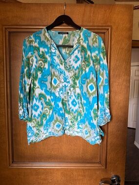 Kas New York Turquoise & Green Printed V-Neck Tie Blouse